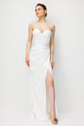 Pile Detaylı Saten Straplez Uzun Elbise