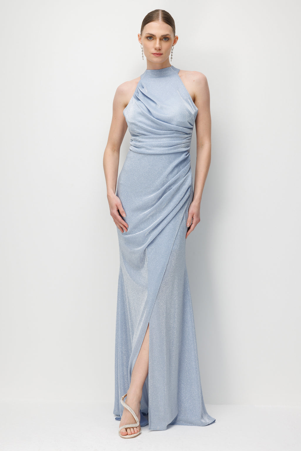 Halter Yaka Kolsuz Simli Likralı Kumaş Uzun Elbise