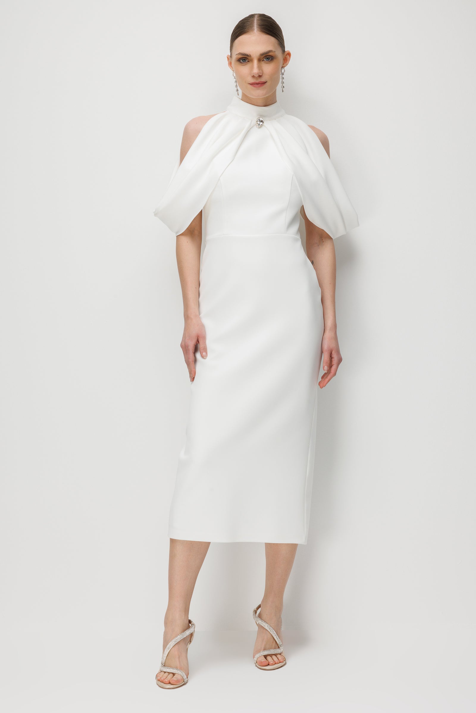 Omuz Dekolteli Hakim Yaka Midi Elbise