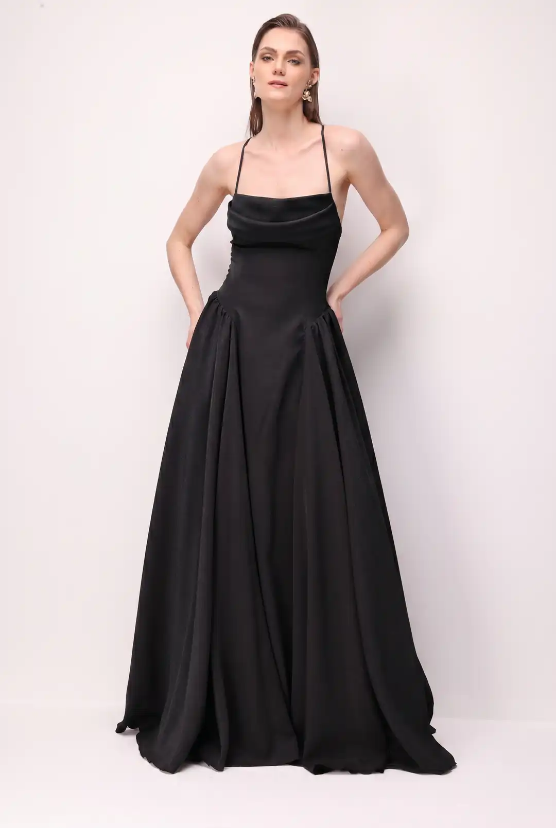 Ürün görseli: Satin Evening Gown with Draping, Crisscross Straps and Full Skirt - Candy Pink
