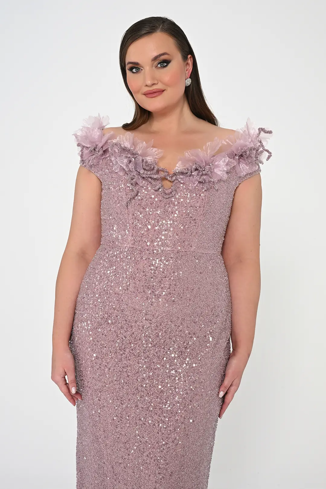 Fully Sequined Boat-Neck Evening Gown with 3D Floral Appliqué