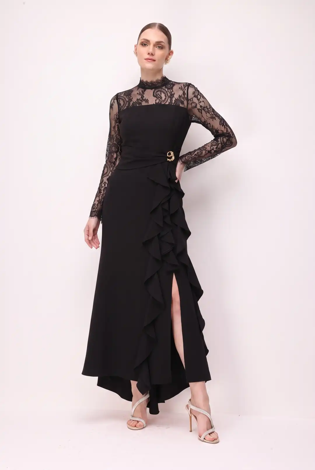 Ürün görseli: Long-Sleeve Midi Dress with Lace Collar, Buckled Waist and Yoke Sleeves - Candy Pink