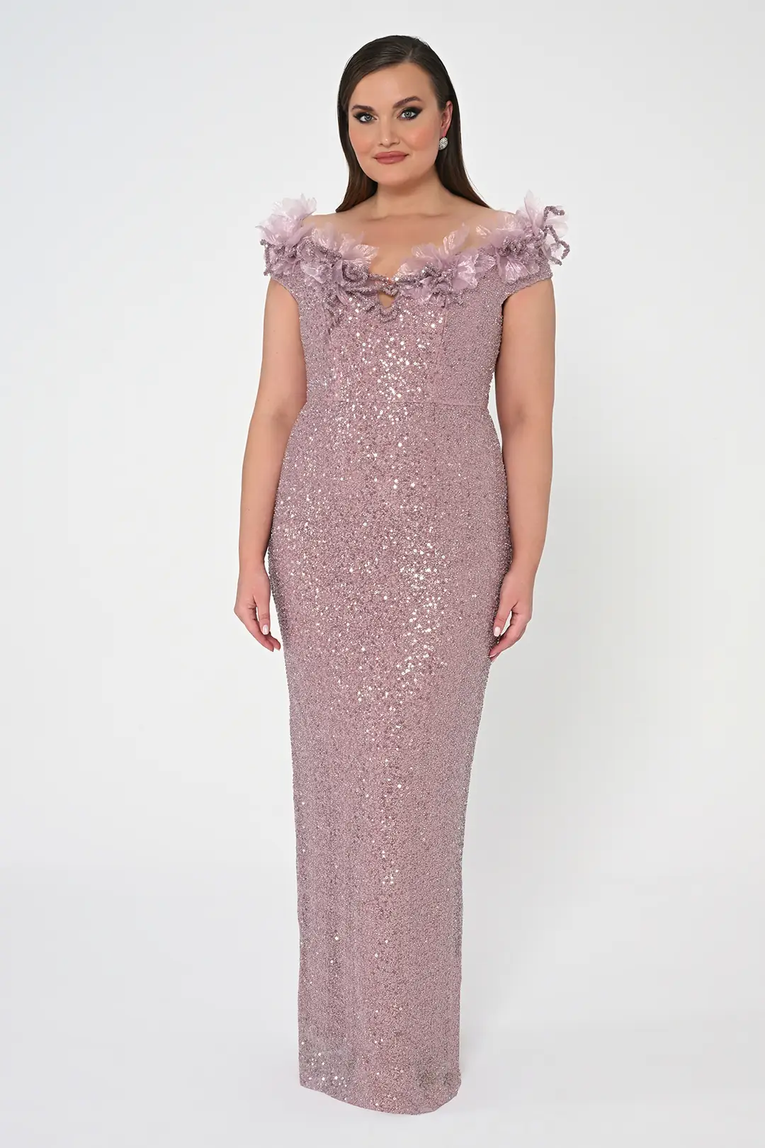 Fully Sequined Boat-Neck Evening Gown with 3D Floral Appliqué