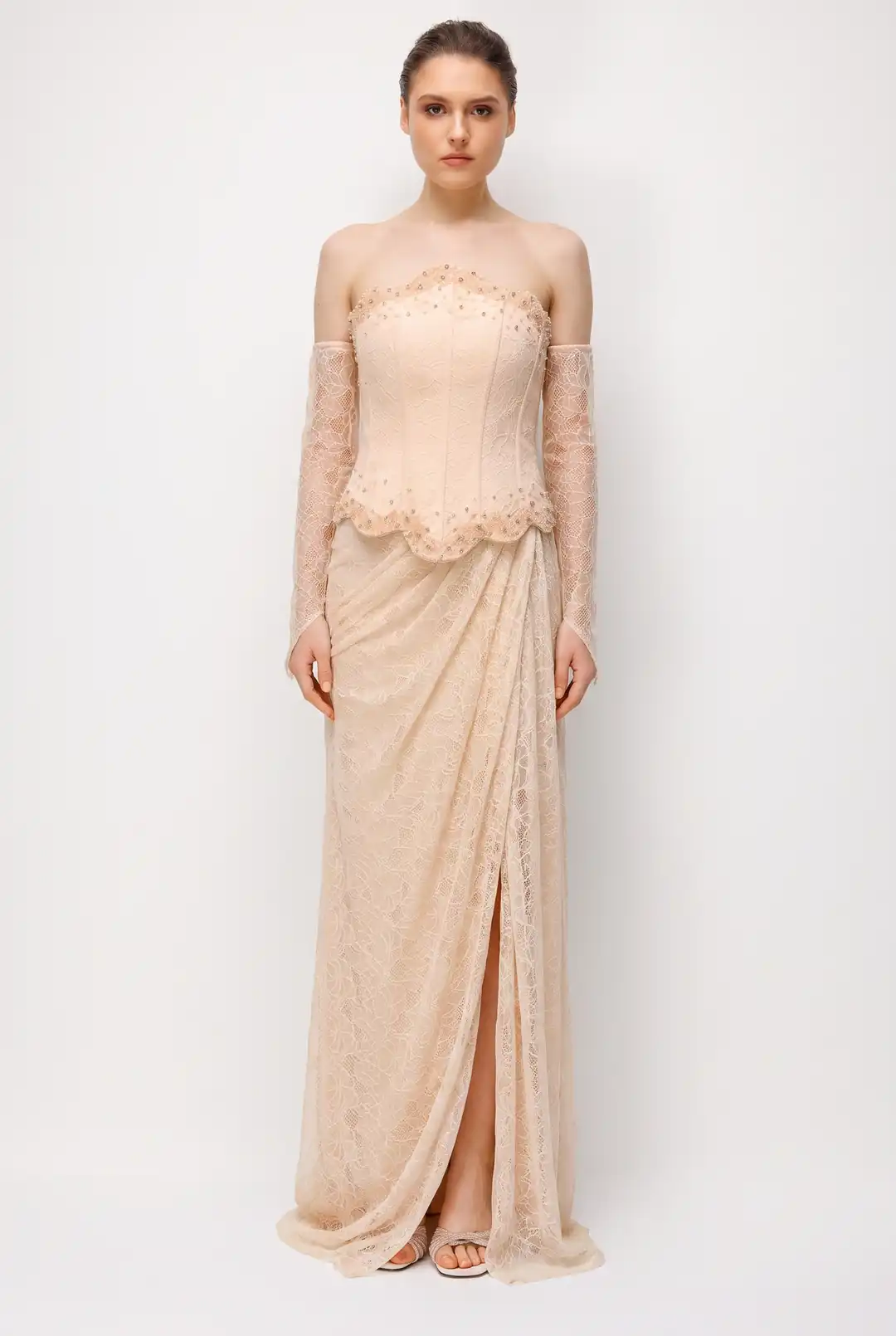 Ürün görseli: Taş İşlemeli Korse Detaylı Yırtmaçlı Uzun Elbise - Blush Pink